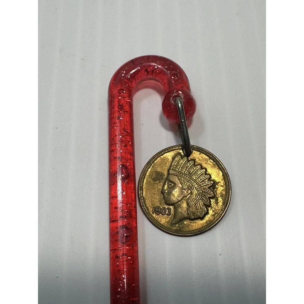VTG Indianhead Penny Swizzle‎ Stick Drink Garnish Glitter Candy Cain Barware Bar